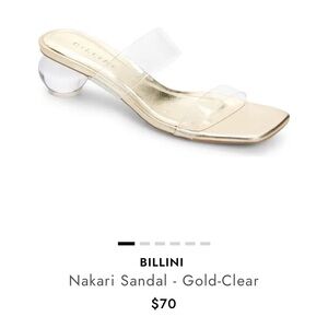 Billini Nakari gold and clear plastic sandal with rounded 2” heel